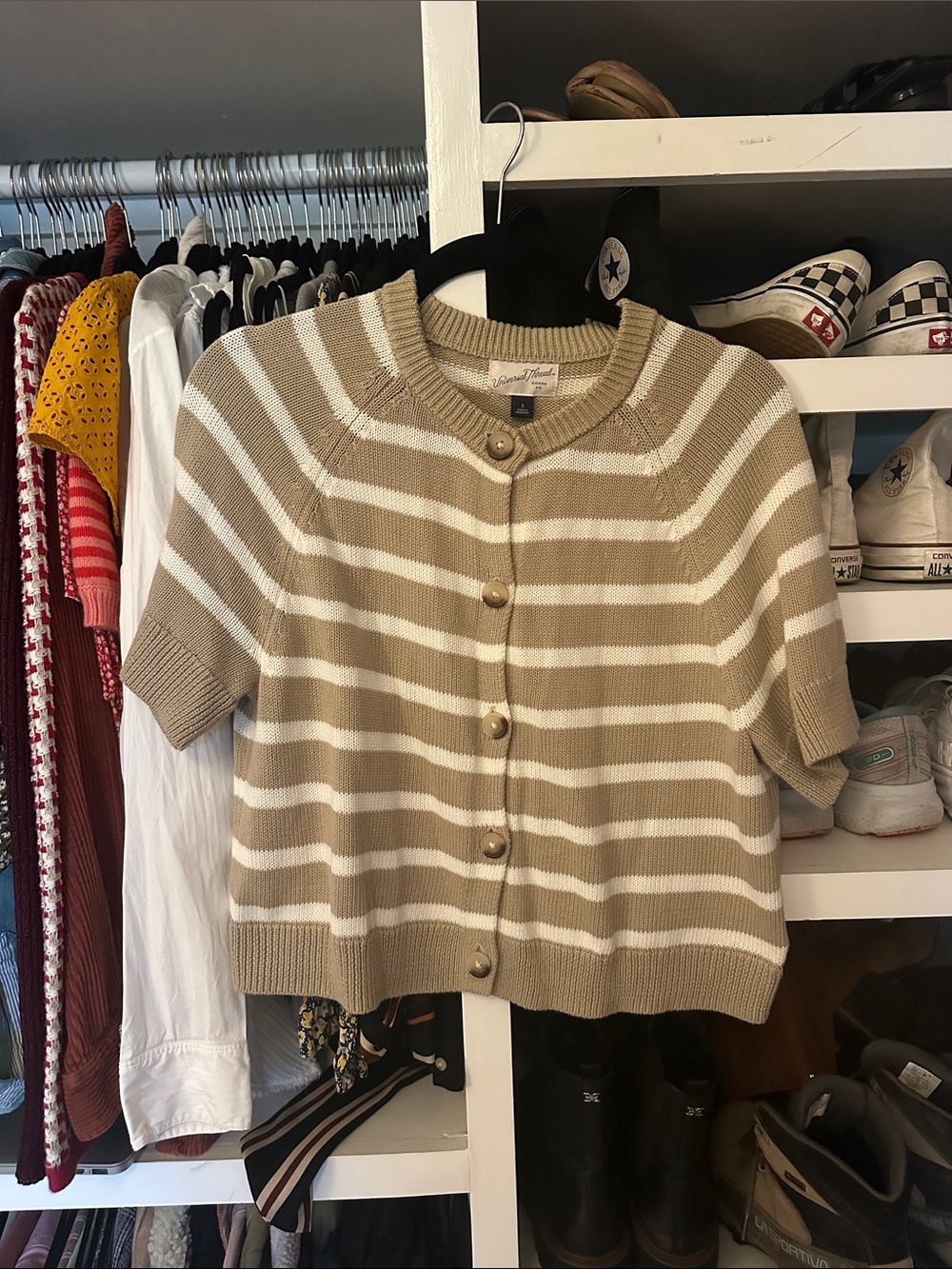 Universal Thread Beige and White Striped Short-Sleeve Cardigan